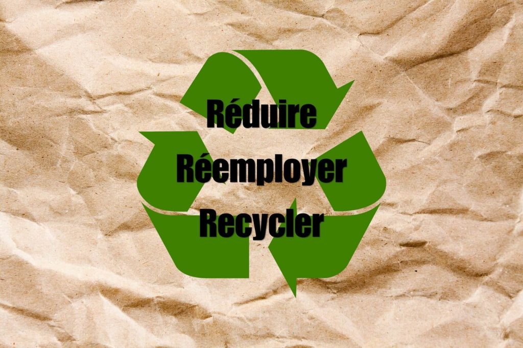 Logo vert du recyclage avec les mots Réduire, Réemployer, Recycler, sur un fond de papier d'emballage froissé.