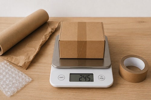 Les bonnes pratiques pour le nouveau règlement européen sur les emballages : un carton d'emballage scotché, posé sur une balance affichant 245g, avec à gauche, un rouleau de papier de protection et un morceau de papier bulle, et à droite, un rouleau adhésif.