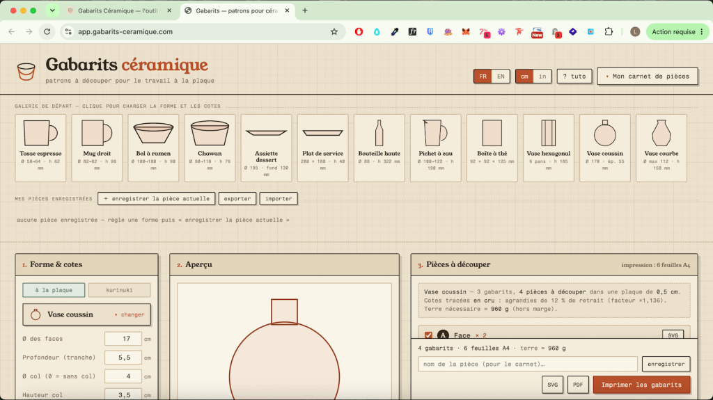 Application en ligne Gabarits Céramique pour créer des patrons de poterie sur-mesure à imprimer.