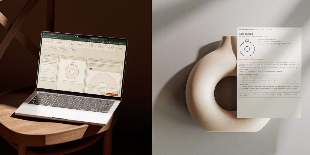 Ordinateur portable affichant l'application en ligne Gabarits Céramique. A droite, un vase anneau en céramique et sa fiche de gabarit imprimée posée dessus.