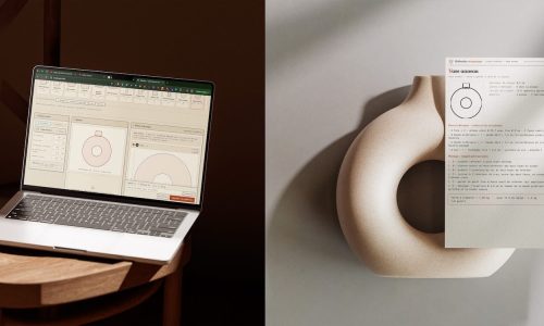 Ordinateur portable affichant l'application en ligne Gabarits Céramique. A droite, un vase anneau en céramique et sa fiche de gabarit imprimée posée dessus.